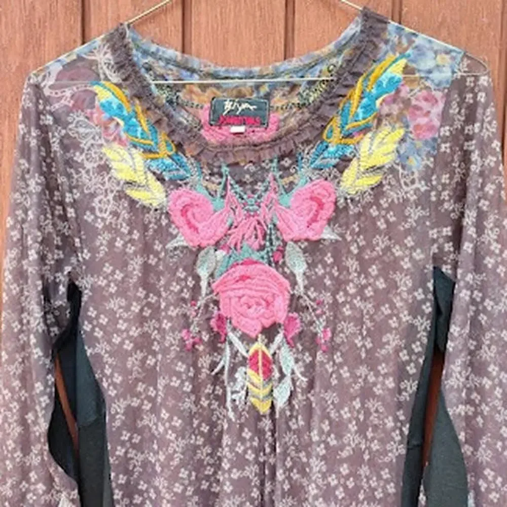 BIYA JOHNNY WAS | Embroidered Floral Sheer Mesh Long Sleeve Dress Knee Length S
